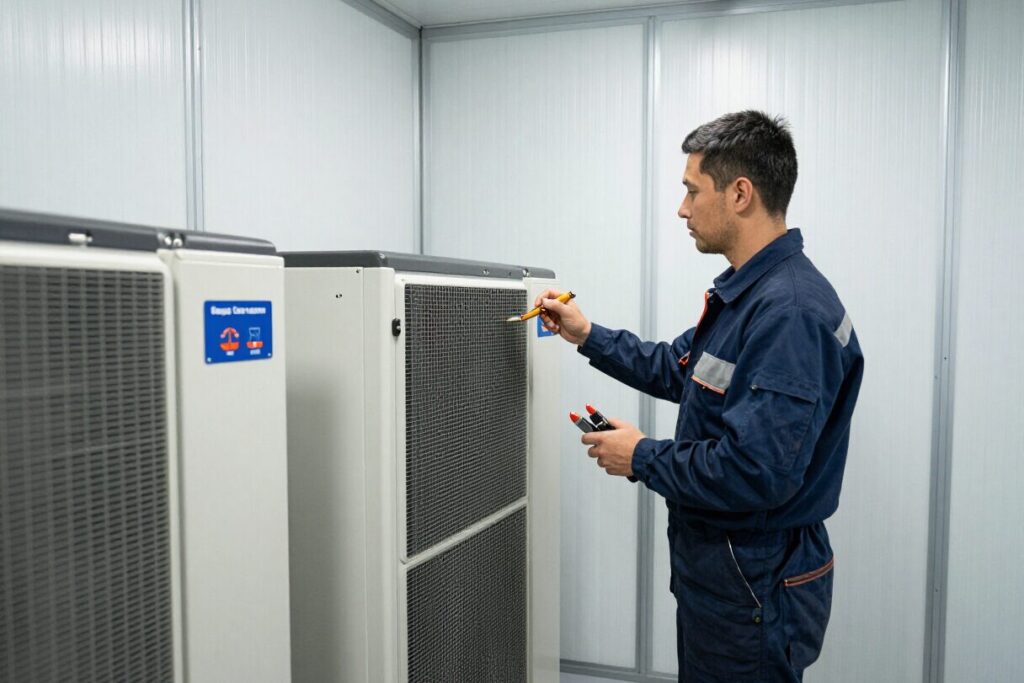 Koeltechnieker controleert een commerciële koelinstallatie