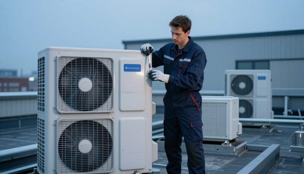 Koeltechnieker bij de buitenunits van een installatie
