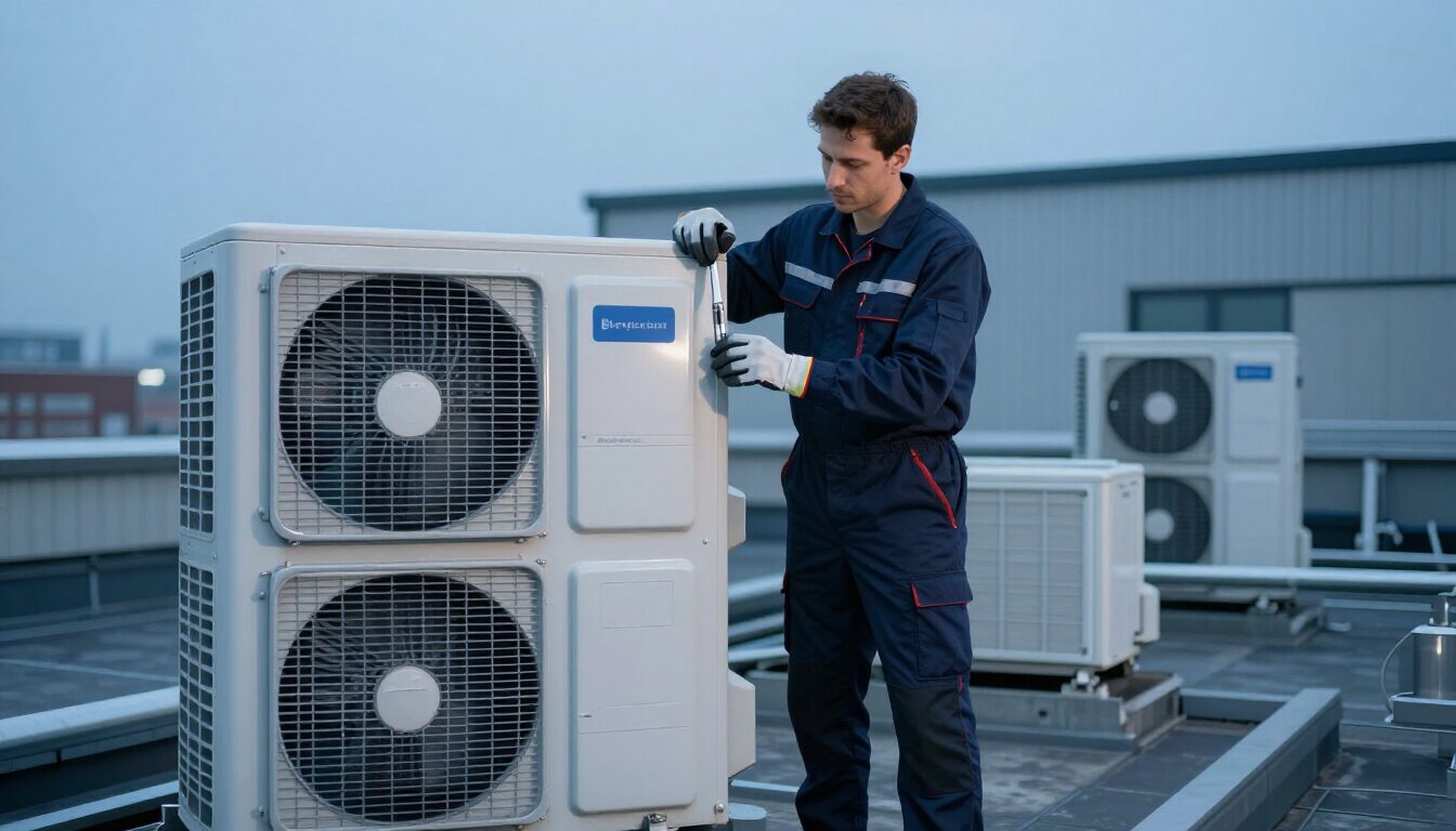 Koeltechnieker bij de buitenunits van een installatie